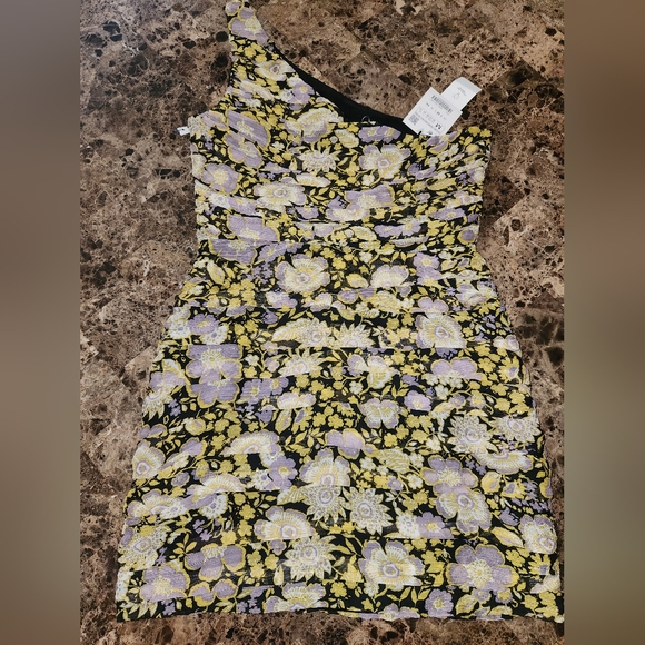 Zara Dress Womens Medium Yellow Floral Print Ruched Draping One Shoulder - Picture 4 of 6